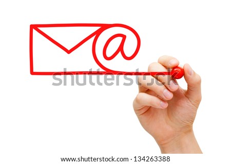 Hand sketching Email Concept with red marker on transparent wipe board.