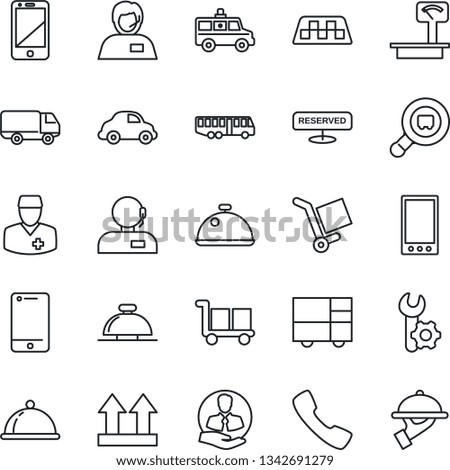 Thin Line Icon Set - taxi vector, airport bus, reception bell, ambulance car, doctor, support, client, delivery, consolidated cargo, up side sign, heavy scales, search, cell phone, mobile, call