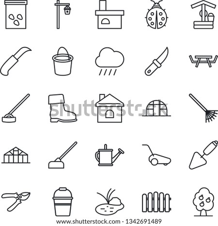 Thin Line Icon Set - trowel vector, fence, rake, watering can, bucket, pruner, boot, lawn mower, lady bug, house, rain, well, hoe, garden knife, light, fireplace, greenhouse, seeds, pond, fruit tree