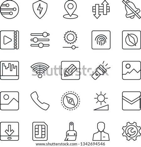 Thin Line Icon Set - call vector, gallery, protect, tuning, themes, user, mail, scanner, sim, network, notes, data exchange, download, wireless, torch, mute, brightness, place tag, compass, video