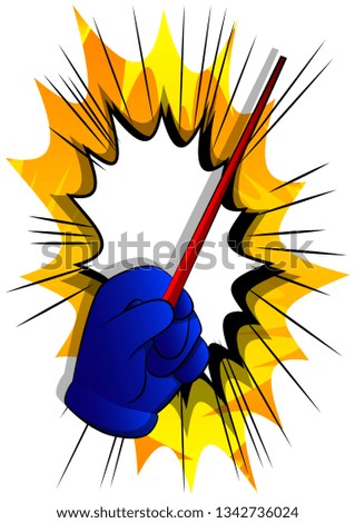 Vector cartoon hand with Magic Stick. Illustrated hand on comic book background.