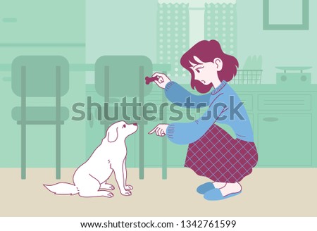 A woman is training a dog with a snack. hand drawn style vector design illustrations.