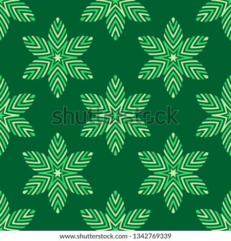 Abstract seamless floral pattern. Geometric stylized flowers. Striped shapes. Geen color. Stylish texture. Flat design. Simple graphic print. Vector color illustration.