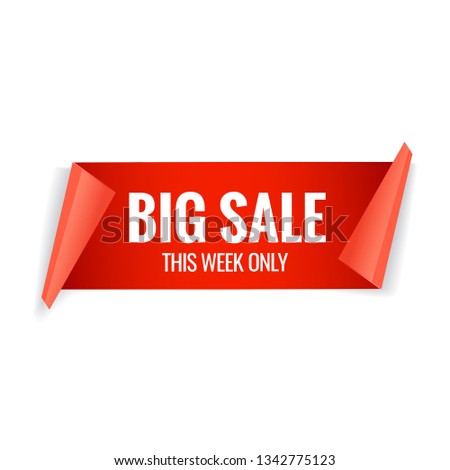 Sale red banner. Realistic paper ribbon. Vector illustration