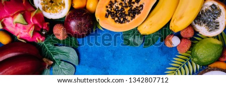 Summer tropical background with exotic various fruits green palm leaves and flowers on blue. Fruits background. Format for banner with copy space