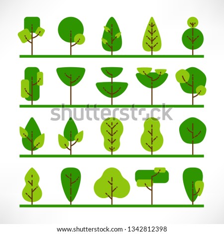 Trees with grass large set in flat style isolated on white background. Green tree logo. Simple plants icons. Vector illustration. Use for icons, nature designs, maps, landscapes, web, apps 
