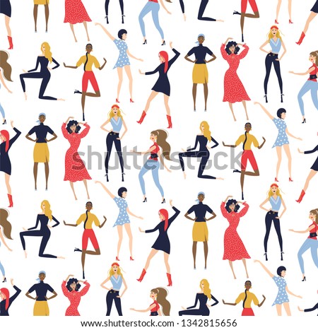 Seamless pattern with beautiful girls. Girl power and feminist movement. Female pattern with models. Characters for the International women's day on white background.  Illustration of various women.