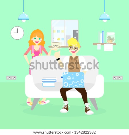 married couple businessman freelance working at home on weekend holiday vacation, sitting on couch sofa with laptop notebook and housewife, flat vector illustration cartoon character design clip art