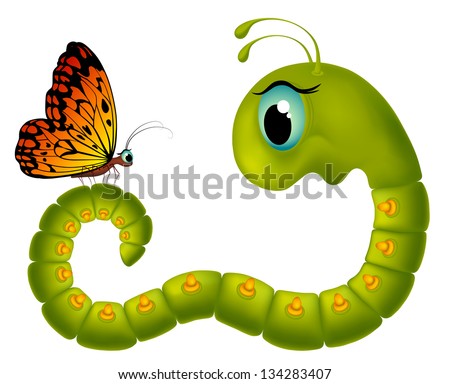 Vector cartoony goggle-eyed caterpillar looking at a butterfly on a white background