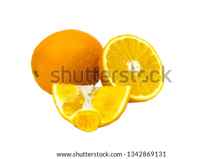 pictured in the photo Orange fruit with leaf isolated on white.