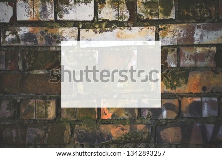Texture mock up( mock-up, mockup) matte background. A white rectangle for your lettering. Painted brick wall. Graffiti on the wall.