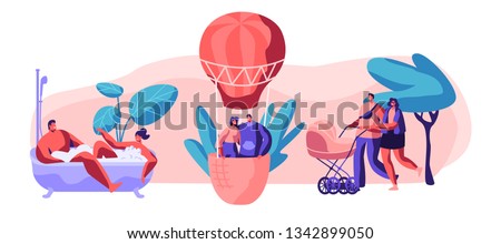 Life for Happy Moment Set. Man and Woman Take Bath Together with Bubble in Bathroom. Young Love Couple Fly Air Balloon in Sky. Walk Family with Baby Stroller in Park. Flat Cartoon Vector Illustration