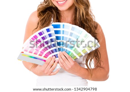 paint colour card on hand woman for guide paint wall house.