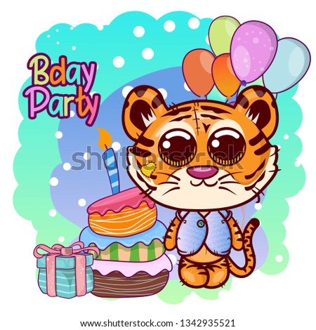 Greeting birthday card with cute tiger . Can be used for baby t-shirt print, fashion print design, kids wear, baby shower celebration, greeting and invitation card. - Vector