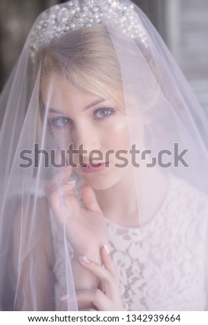 Young beautiful bride with blond hair in a diadem and white veil and white dress
