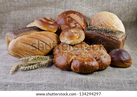 Assortment of baked goods close-up, lying on sacking