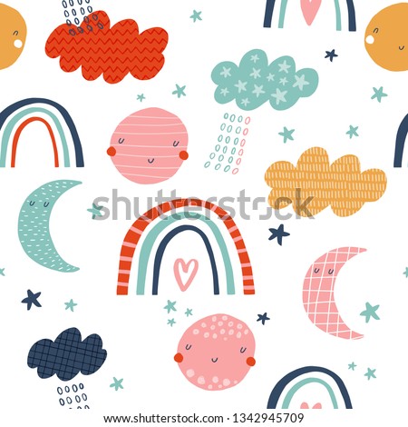 Baby seamless vector pattern. Cute rainbows, sun and moon on white background. Pink, yellow, turquoise and red.