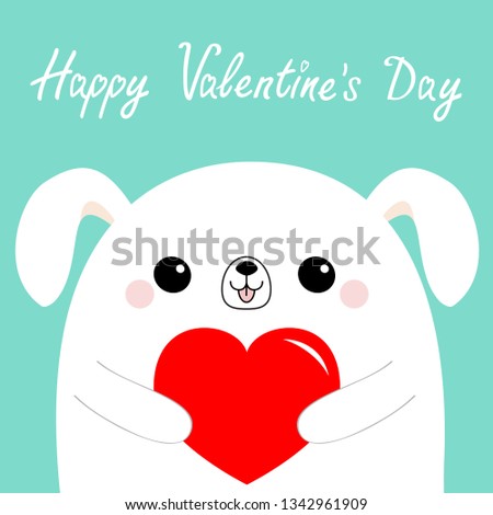 Happy Valentines Day. White dog puppy head face holding red paper heart. Cute cartoon kawaii funny baby animal character. Flat design. Love card. Blue background. Isolated. 