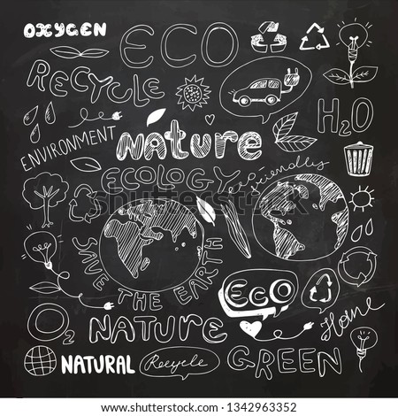 Chalkboard Eco Recycle Reuse Ecology Nature Doodle. Icons Sketch. Hand Drawn Design Vector. Freehand Drawing.
