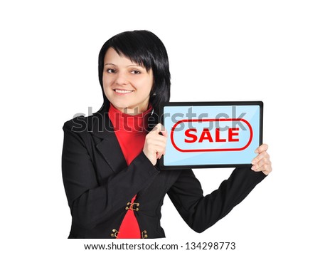 girl holding tablet with sale on screen