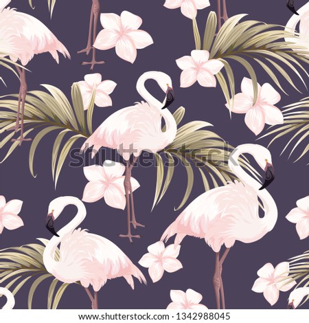 Seamless pattern with pink flamingos and white flowers