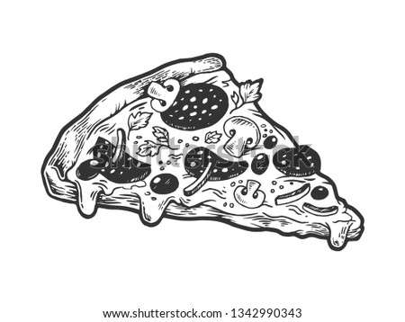 Slice of pizza sketch engraving vector illustration. Scratch board style imitation. Hand drawn image.