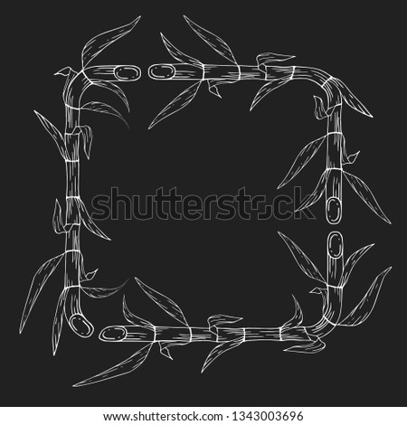 Hand drawn Japanese frame made of bamboo stems with leaves. Vector wooden border, banner, template or photo board isolated background.