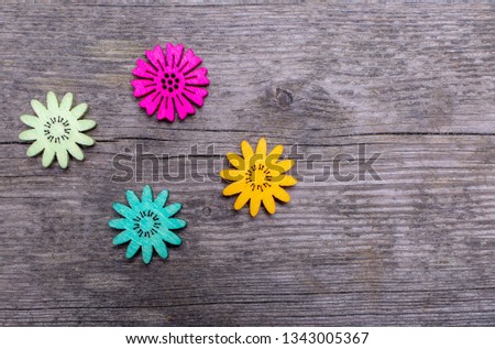 springtime conceptual image background with copy space four flower object on rustic wooden
