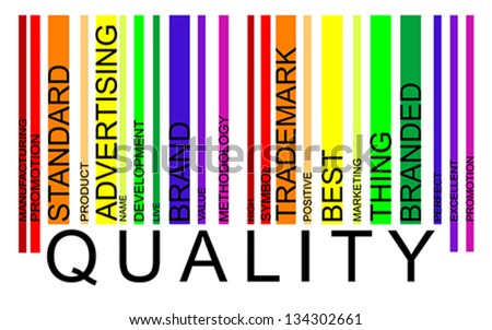 Quality word tag cloud concept in barcode with supporting words,  modern. Word tag cloud bar code vector