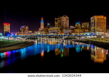 The Rich Street Bridge in Columbus, Oh on the Scioto River at night.