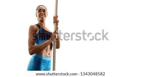 Isolated Young female pole vault athlete with pole bar. Women in sport clothes on white background