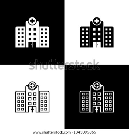 Set Medical hospital building with cross icons isolated on black and white background. Medical center. Health care. Line, outline and linear icon. Vector Illustration