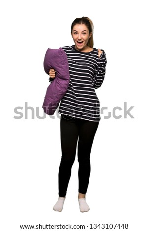 Full body Pretty woman in pajamas celebrating a victory in winner position on isolated background