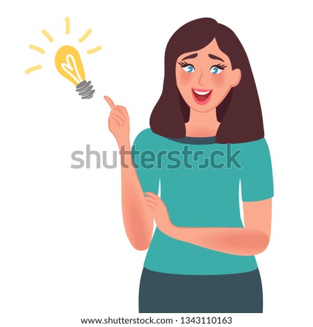 Idea concept. A good idea came to the woman's mind. Shows gesture solution to the problem. Vector illustration people think