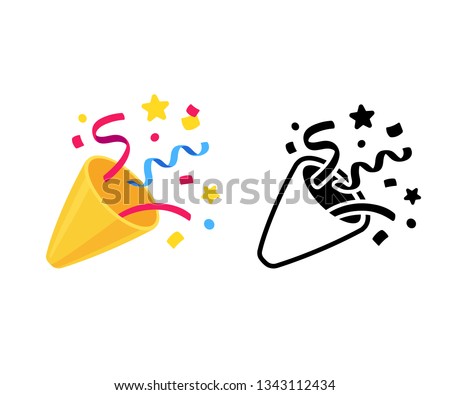 Party popper with confetti, cartoon emoji and black and white icon. Isolated vector illustration of birthday cracker symbol.