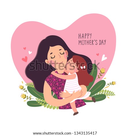 Happy mother’s day card. Cute little girl hugging her mother in heart shaped.
