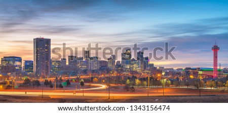  Denver, Colorado, USA downtown city skyline at dawn.