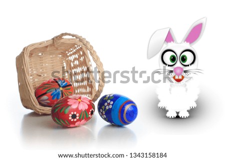Easter basket filled with Easter eggs and an funny rabbit.
