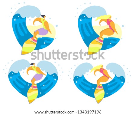 Surfer icon set, vector flat style design illustration isolated on white background. Young men and women cool cartoon characters riding ocean wave.