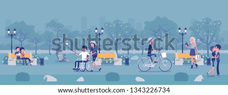 Spring or summer season park zone with people. Large public garden, land area with grass and trees, fun, recreation, citizens enjoy open air activities, walk. Vector illustration, faceless characters