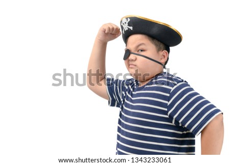 A happy young fat boy wearing a pirate costume show muscle isolated on white background,