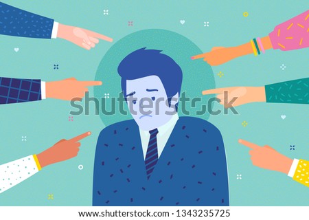 Concept of guilt, public censure and victim blaming. Sad or depressed man surrounded by hands with index fingers pointing at her. Flat design, vector illustration. Royalty-Free Stock Photo #1343235725
