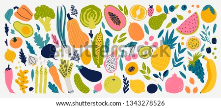 
Cute doodle illustration with vegetables and fruits isolated on white background. Vector food set for your design.  Royalty-Free Stock Photo #1343278526