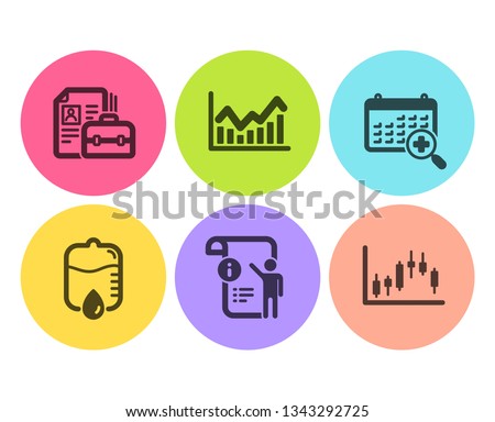 Drop counter, Medical calendar and Infochart icons simple set. Vacancy, Manual doc and Candlestick graph signs. Medical equipment, Doctor appointment. Science set. Flat drop counter icon. Vector