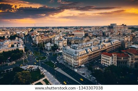 Bucharest view from above during summer sunrise Royalty-Free Stock Photo #1343307038