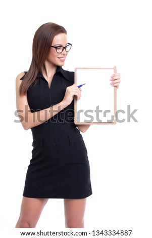 Young businesswoman showing on empty checklist, isolated on white background