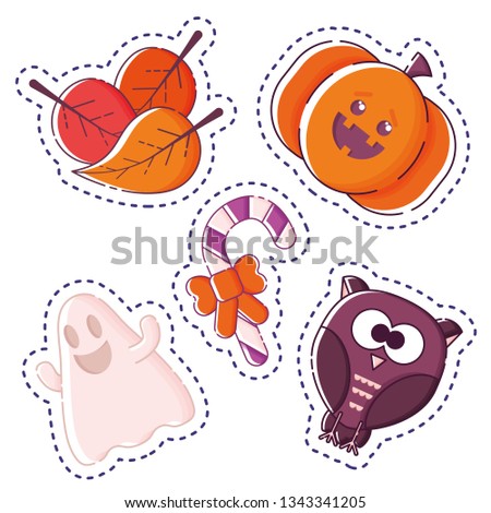 Cute Halloween sticker pack: autumn leaves, pumpkin, candy stick, ghost and owl. White background. Flat linear style illustration. Vector.