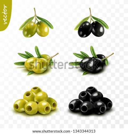 Isolated 3D green and black olives with leaves, seedless, realistic vector set Royalty-Free Stock Photo #1343344313