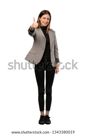A full-length shot of a Business woman with thumbs up because something good has happened over isolated white background