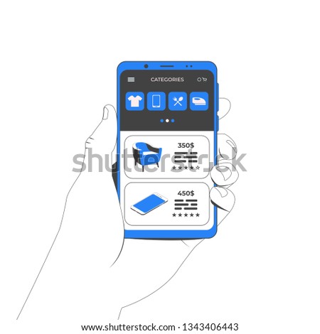 Hands holding smartphone. Online shopping concept. Smartphone with store application. Vector illustration 